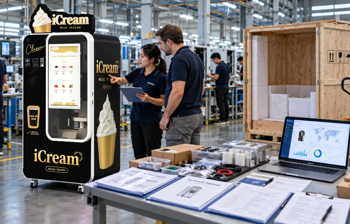 Overseas buyer evaluating an ice cream vending machine supplier through factory production, compliance documents, spare parts and export support